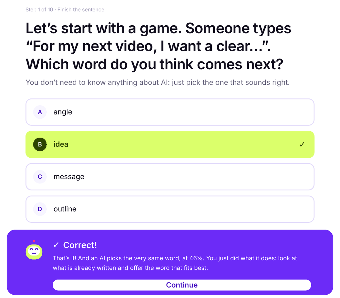 The first screen of lesson 1: a one-tap question, the right answer highlighted in lime and Bit explaining why.