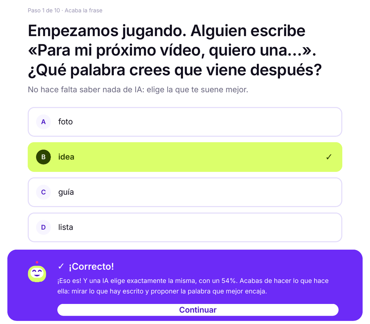 La primera pantalla de la lección 1: una pregunta de un toque, la respuesta correcta marcada en lima y Bit explicando por qué.