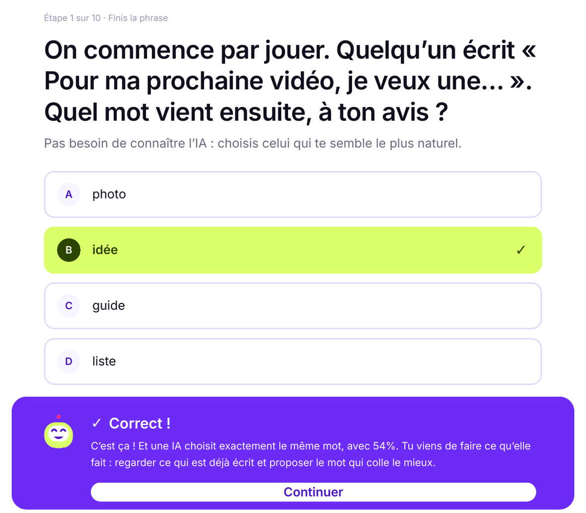 Le premier écran de la leçon 1 : une question à un appui, la bonne réponse en vert citron et Bit qui explique pourquoi.
