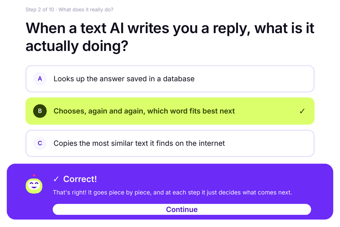A step from the course: the right answer highlighted in lime, with Bit explaining why.