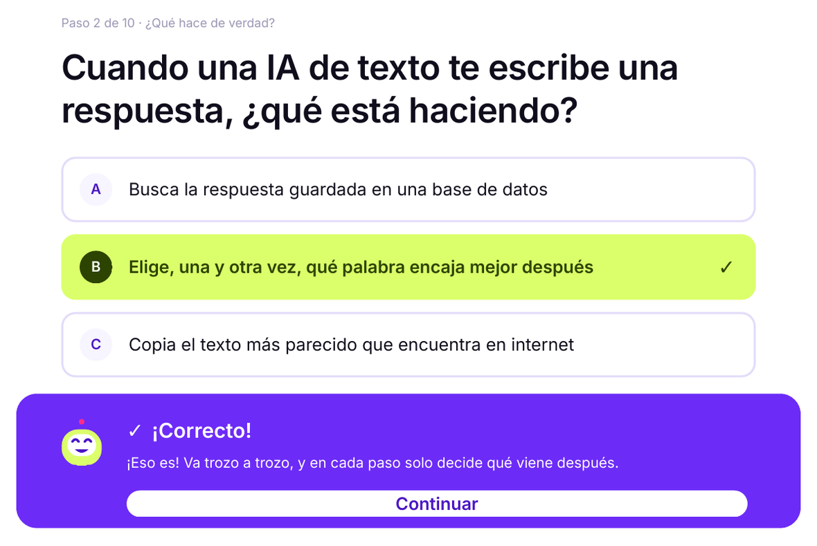 Un paso del curso: la respuesta correcta marcada en lima y Bit explicando por qué lo es.