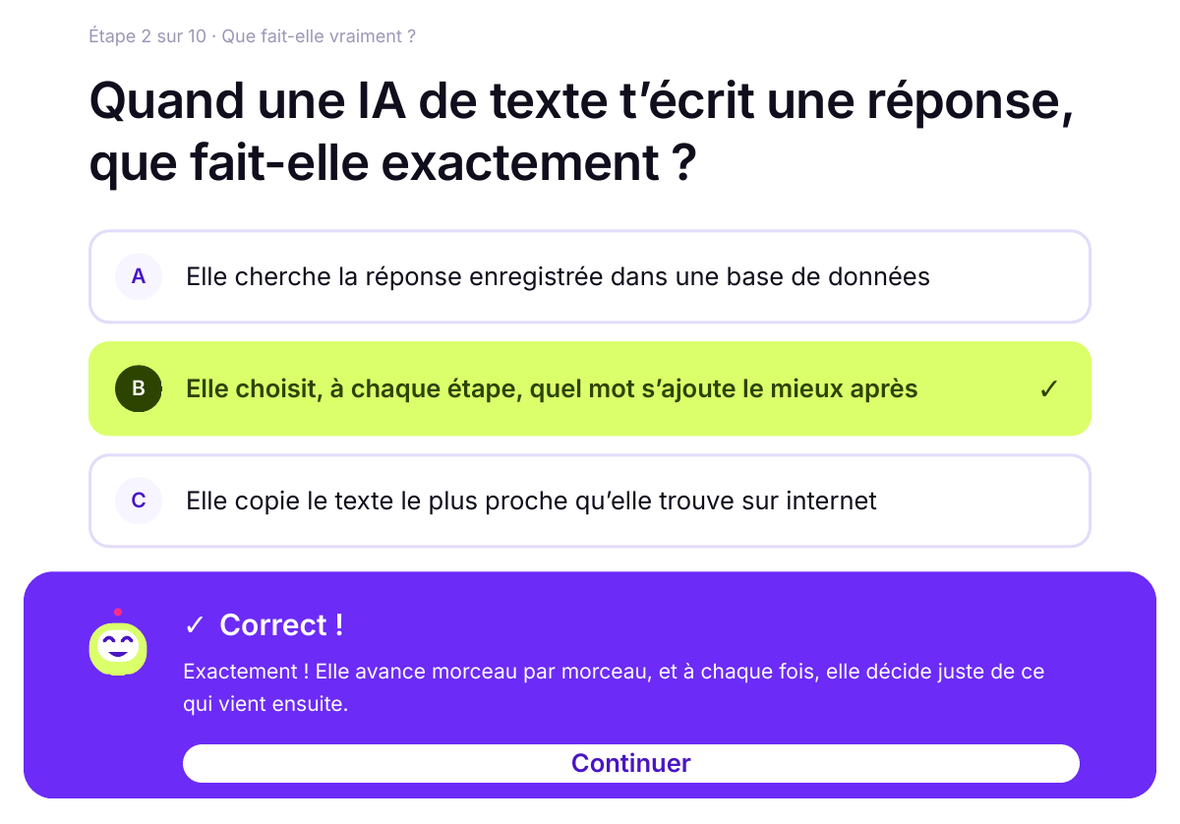 Une étape du cours : la bonne réponse en vert citron et Bit qui explique pourquoi.