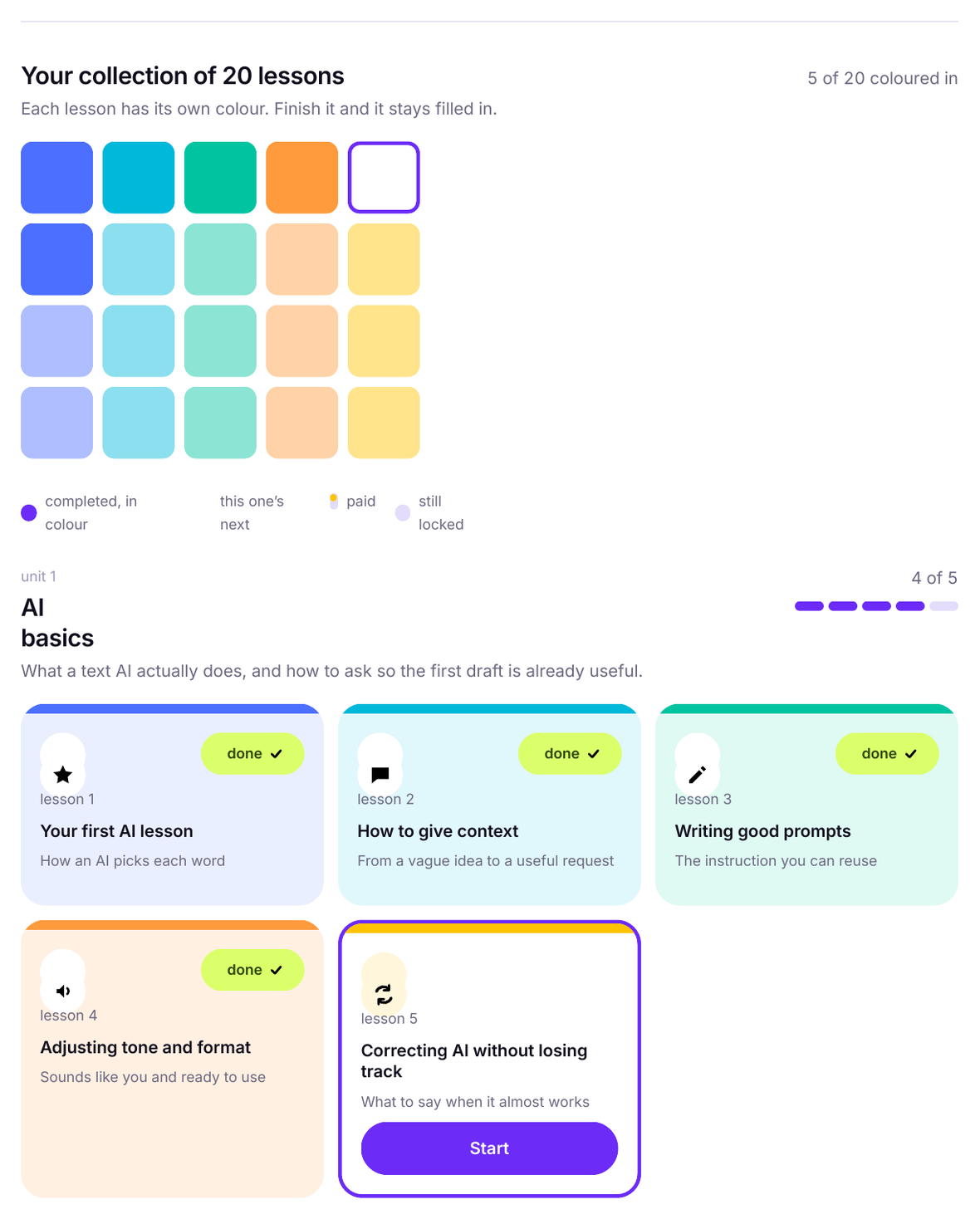 My path: the twenty lessons as coloured squares, with unit 1 already filled in.