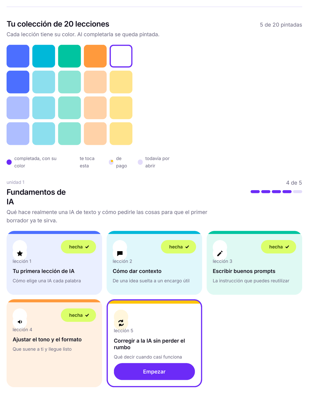 Mi camino: las veinte lecciones como cuadraditos de color y la unidad 1 con las hechas ya pintadas.