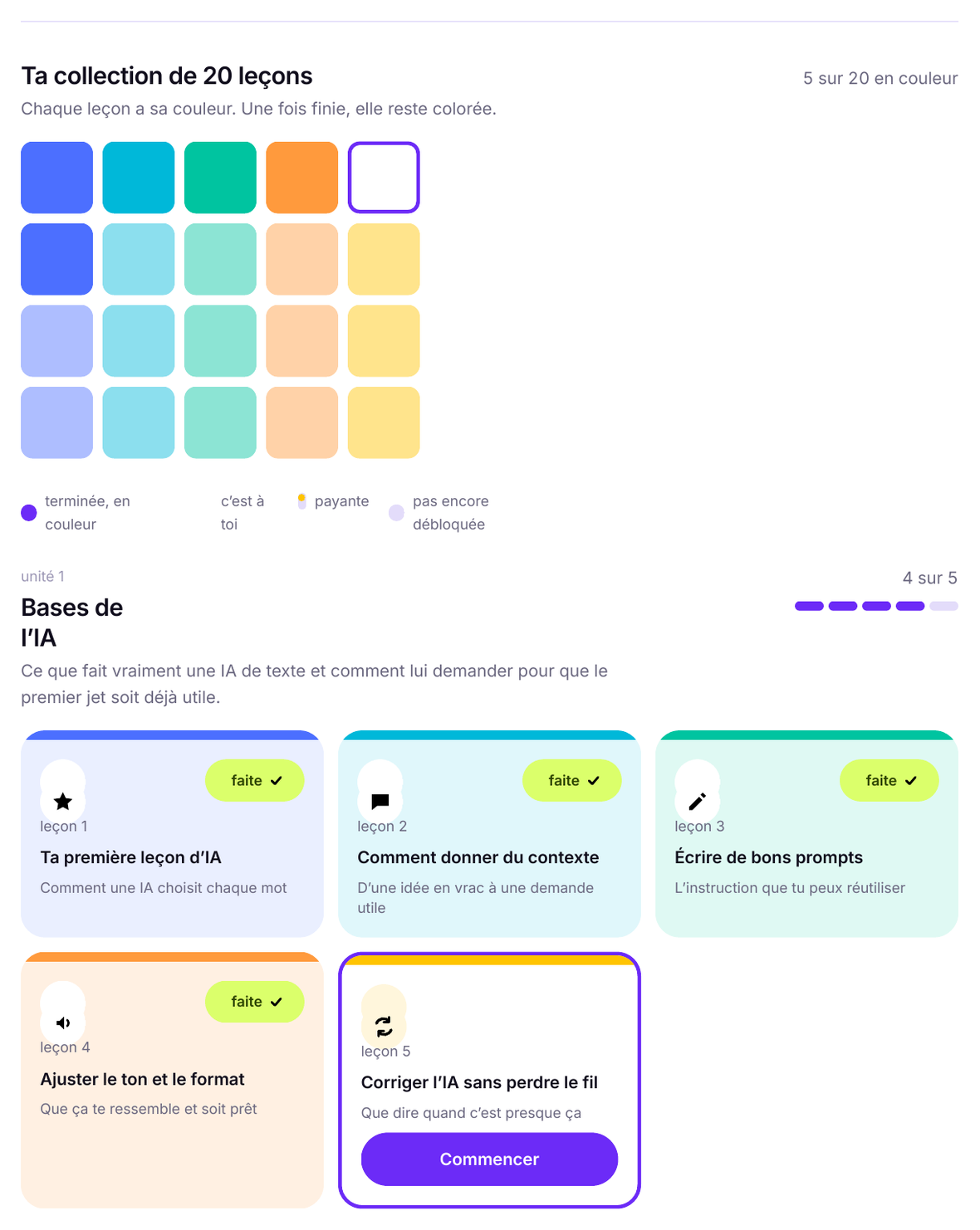 Mon parcours : les vingt leçons en petits carrés colorés et le module 1 déjà rempli.