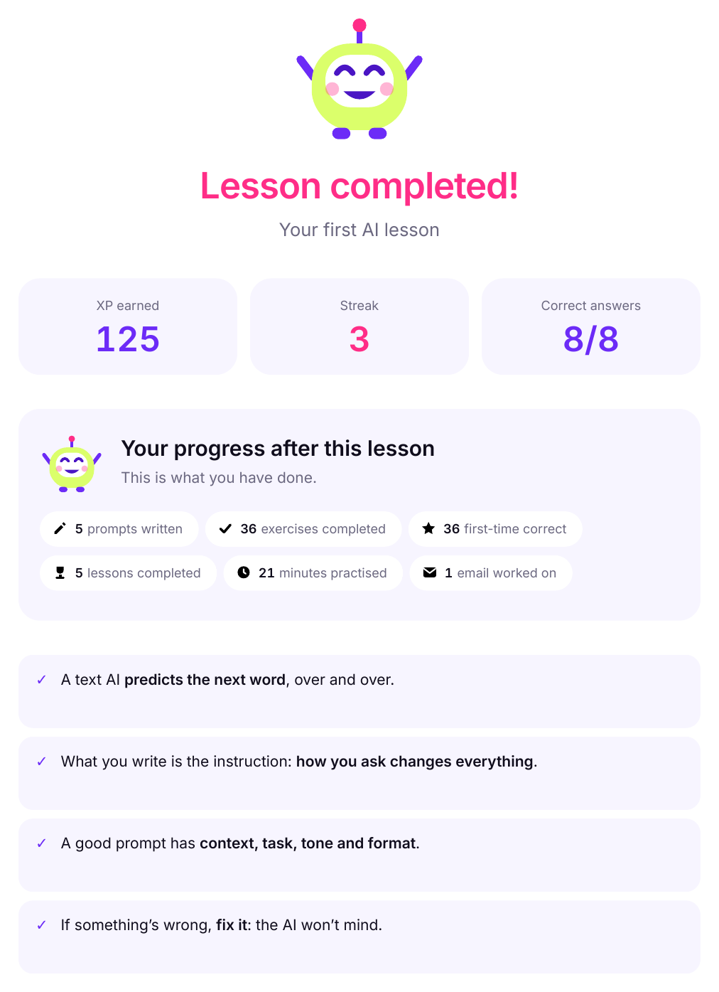 End-of-lesson screen: Bit celebrating, the XP earned, the streak and the score.