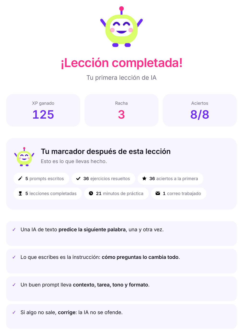 Pantalla de fin de lección: Bit celebrando, el XP ganado, la racha y el marcador.