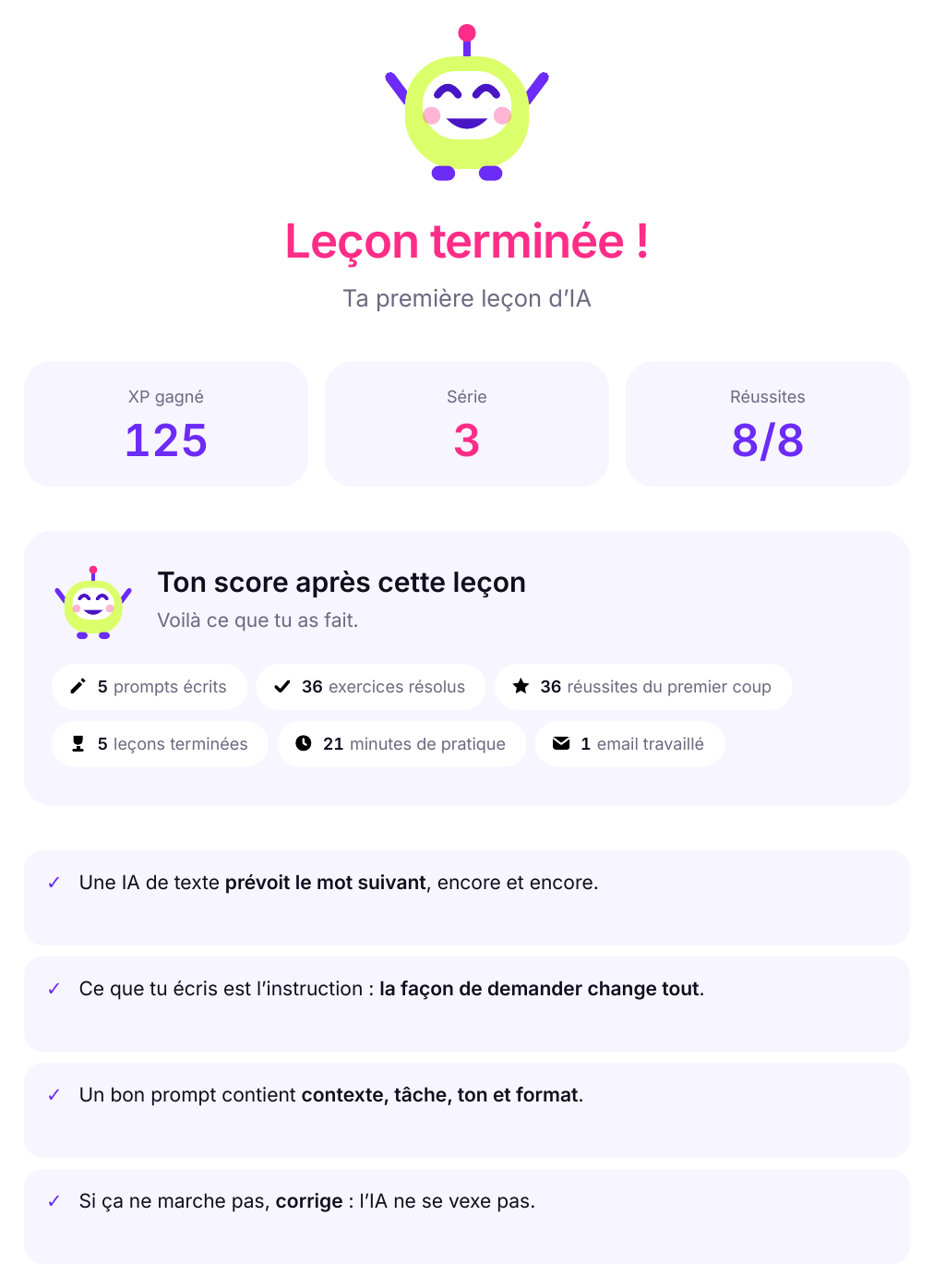 Écran de fin de leçon : Bit qui fête, l’XP gagné, la série et le compteur.
