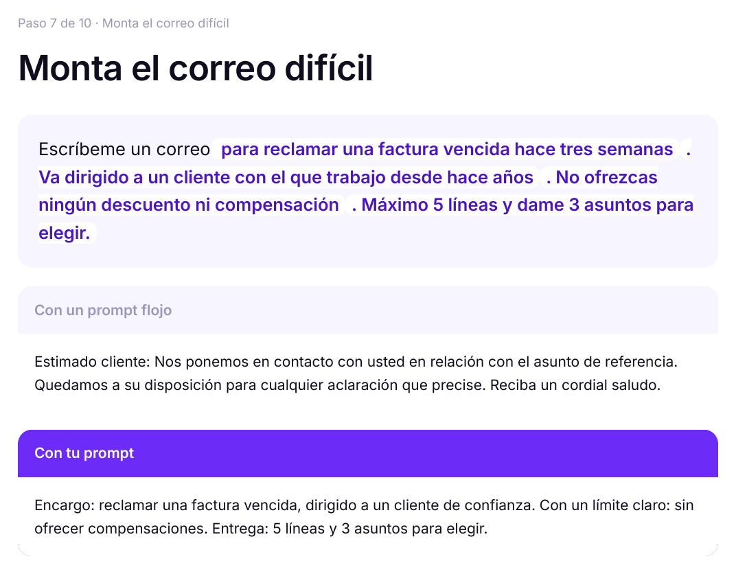 El constructor de instrucciones: la instrucción montada pieza a pieza y la respuesta que devuelve.