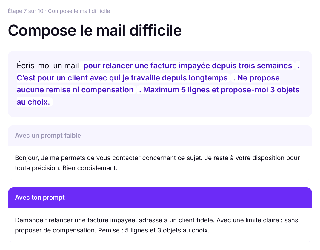 Le constructeur d’instructions : l’instruction montée pièce par pièce et la réponse obtenue.